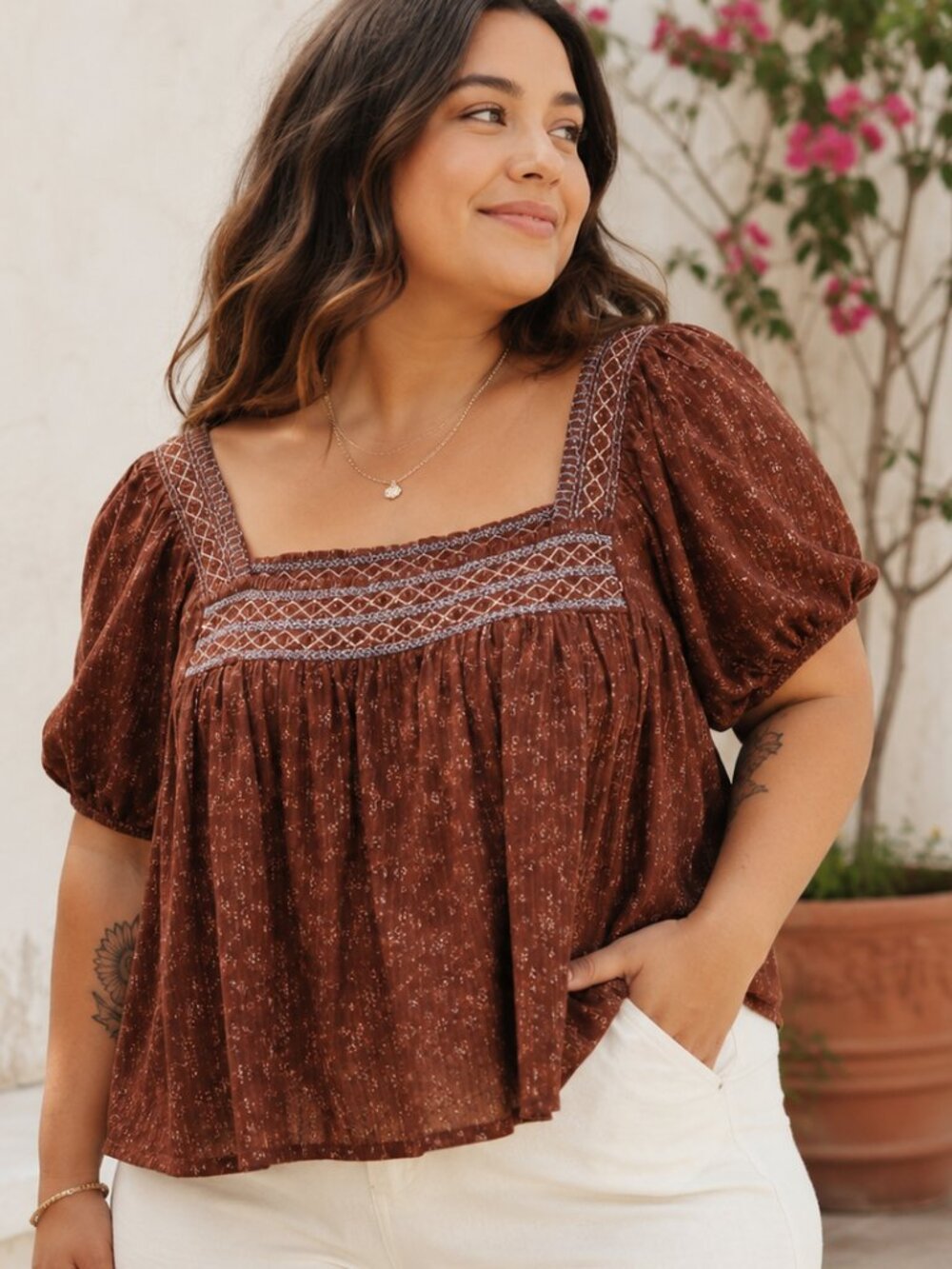 Madewell SZ XXL Square-Neck Smocked Top in Dotted Vines Rusted Burgundy NWT